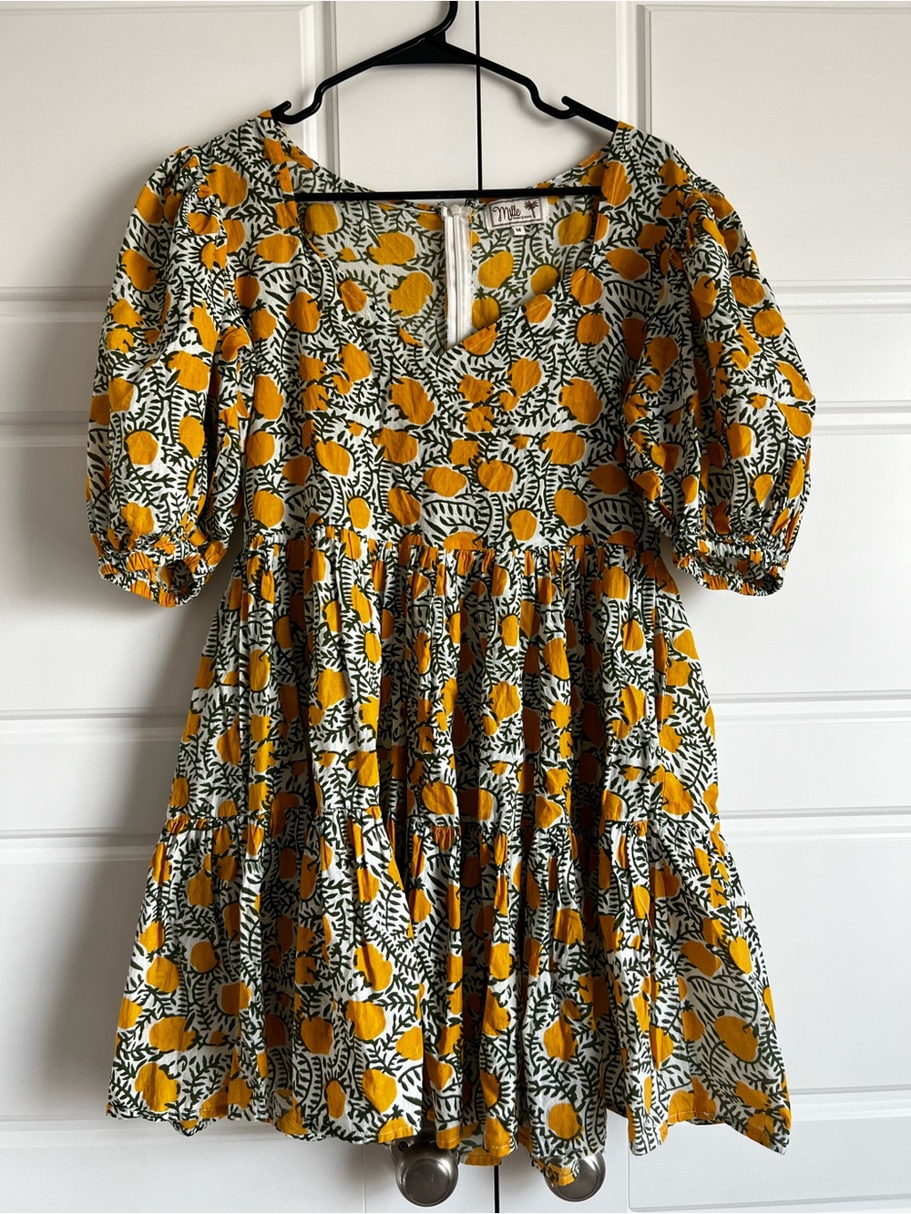 MILLE Puff Sleeve Babydoll Mini Dress Lemon Print 100% Cotton Size M - Picture 1 of 9